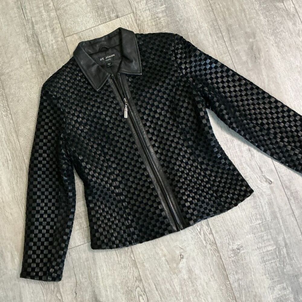 St. John Coats Women’s M Black Woven Leather Basketweave Zip Jacket